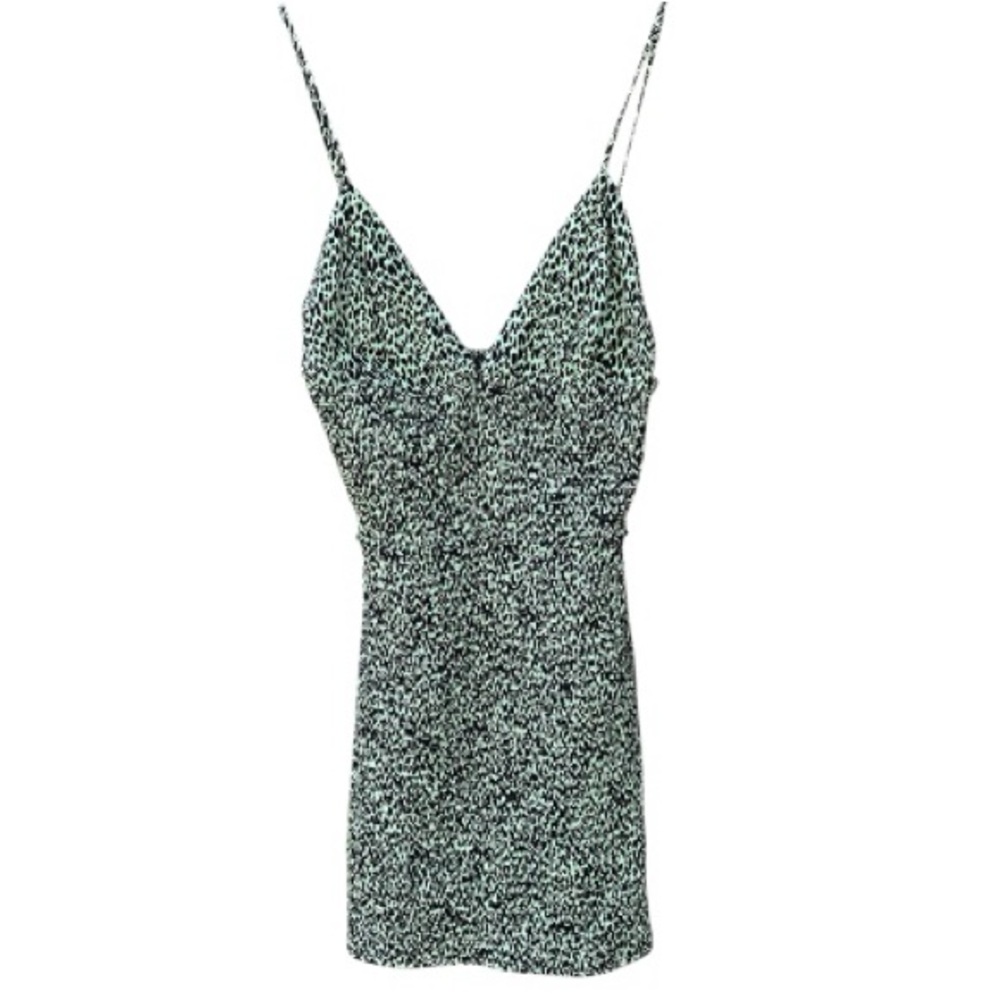 AFRM Leopard Print Smocked Mini Dress Green Y2K Bodycon - Picture 5 of 13